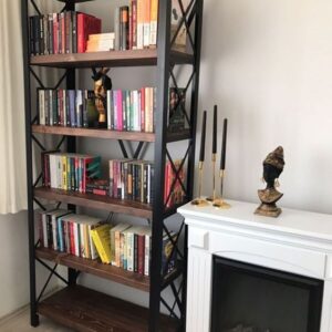 Doğal Ahşap Demir Ayaklı Kitaplık